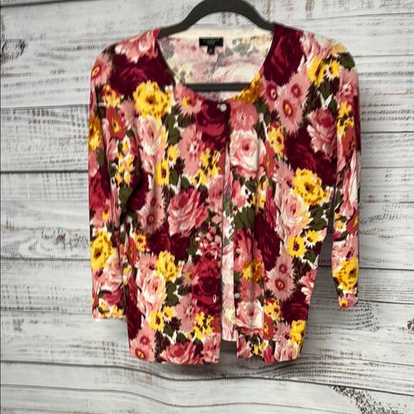 Talbots Floral Cardigan with Pink and Yellow Flowers Medium Petite - Picture 1 of 4